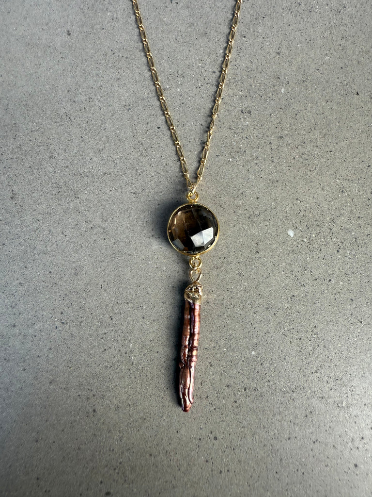 Dagger Pearl and Smokey Quartz Necklace