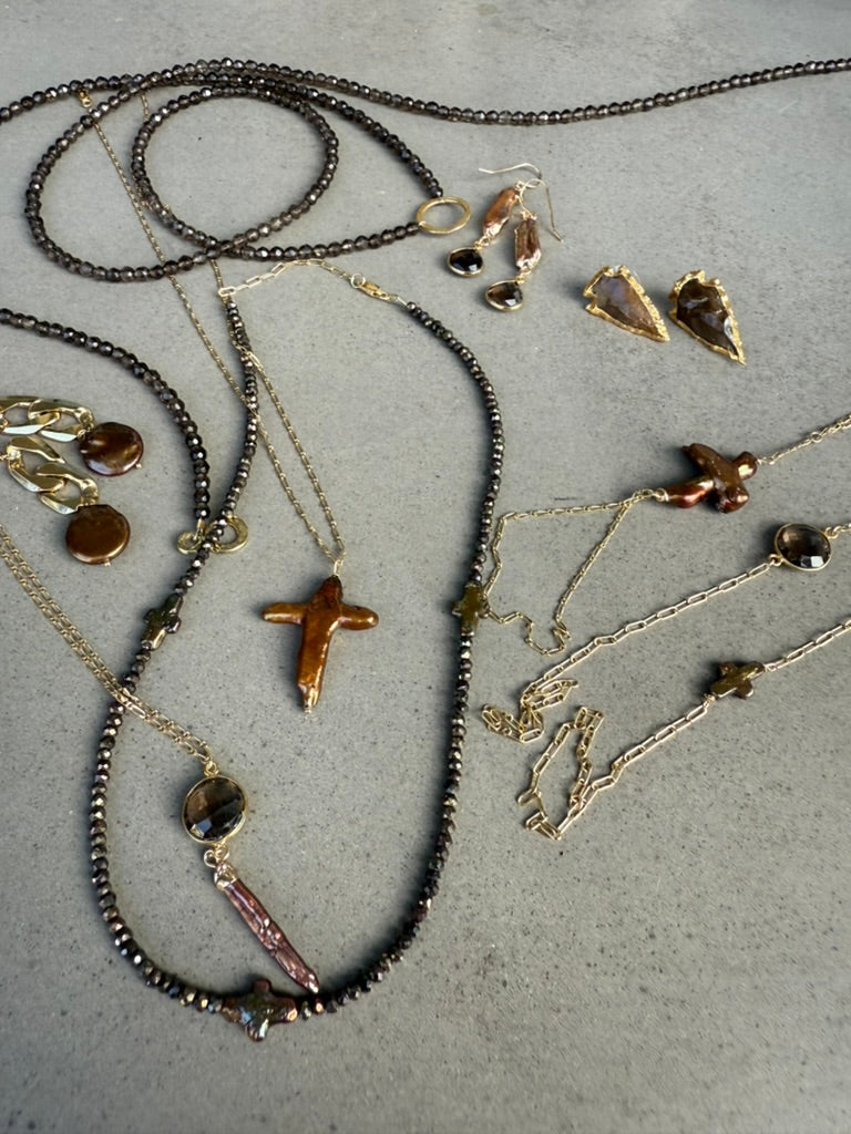 Brown Pearl Cross Necklace
