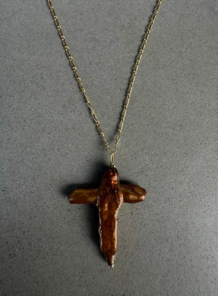 Brown Pearl Cross Necklace