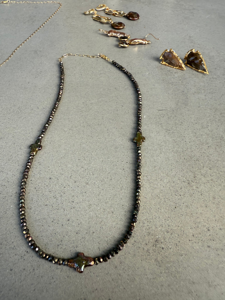 Pearl Cross Necklace with Brown Pyrite