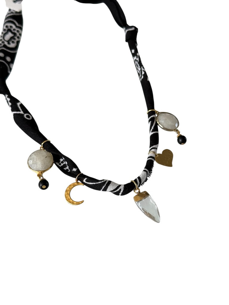Black Bandana with Moonstone, Clear Quartz & Onyx