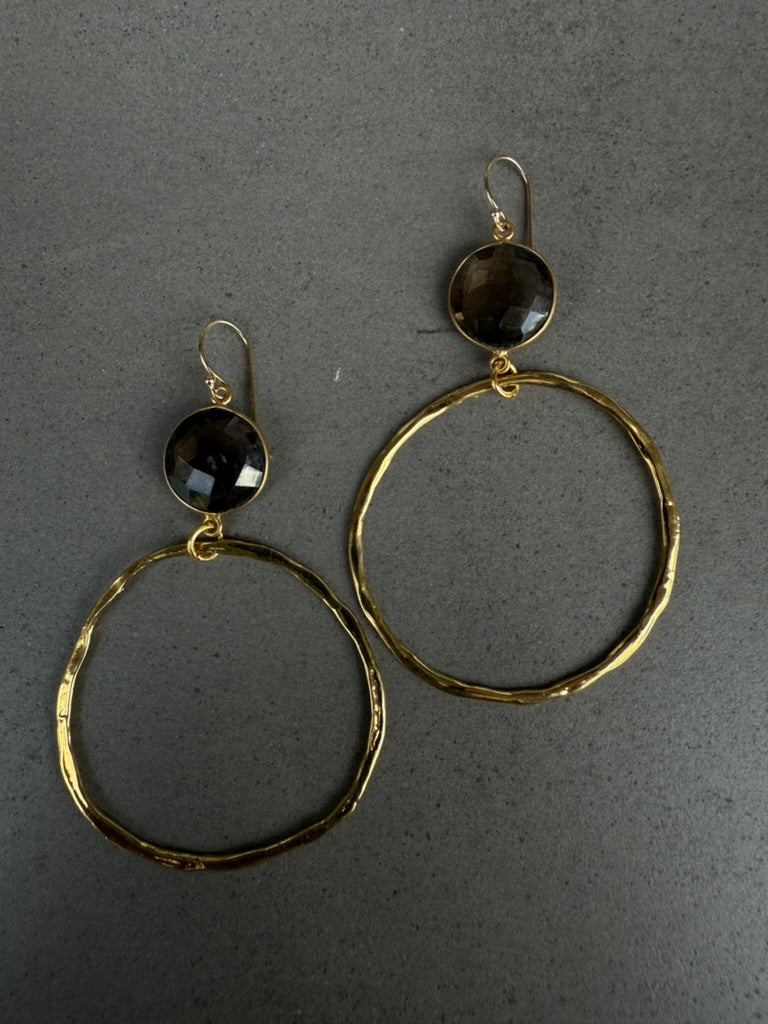 Gold Hoops with Smokey Quartz