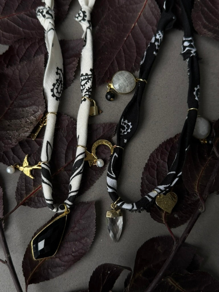Black Bandana with Moonstone, Clear Quartz & Onyx