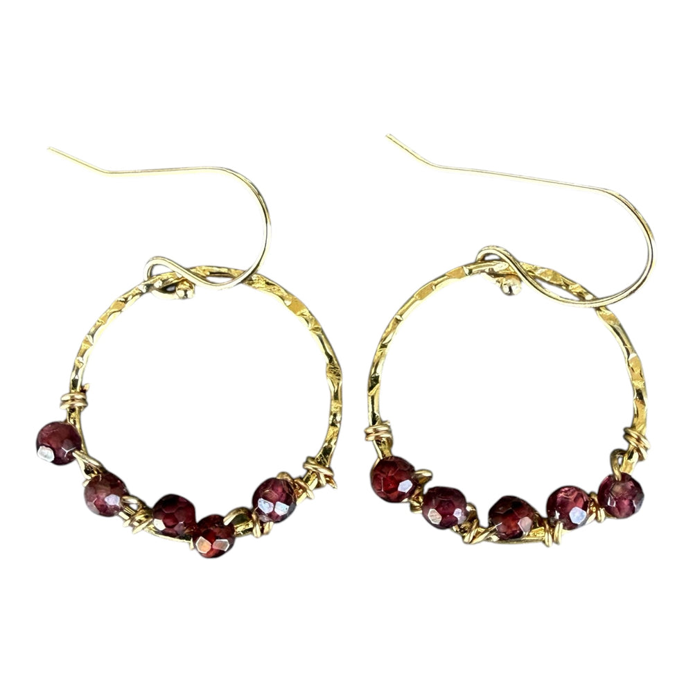 Bridget Garnet Wire Wrapped Gold Hoops