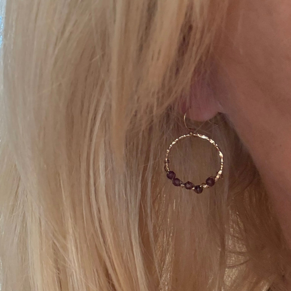 Bridget Garnet Wire Wrapped Gold Hoops