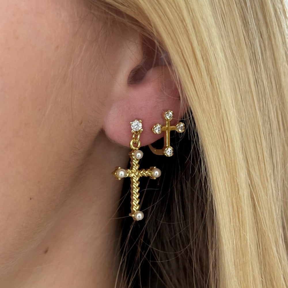 Cameron Gold and Pearl Cross Earrings