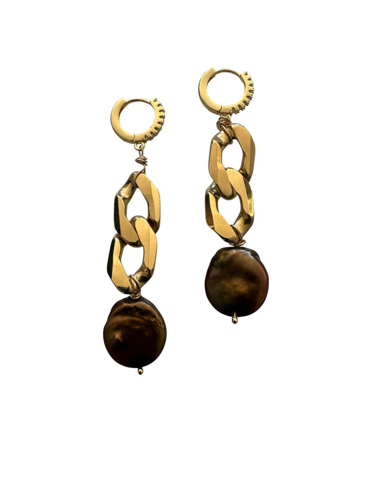 Gold Chain Brown Pearl Earring