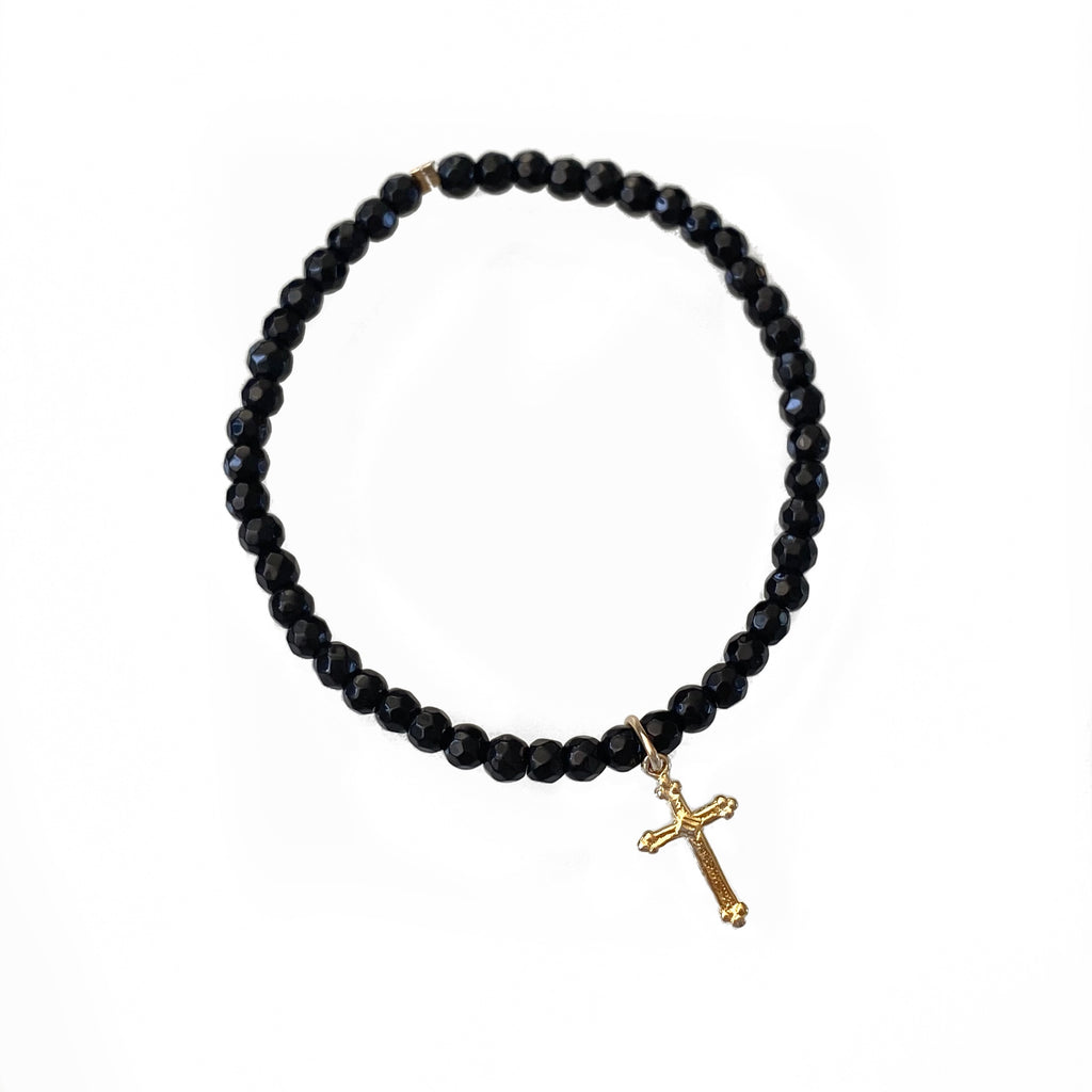 Black Onyx Bracelet with Gold Cross