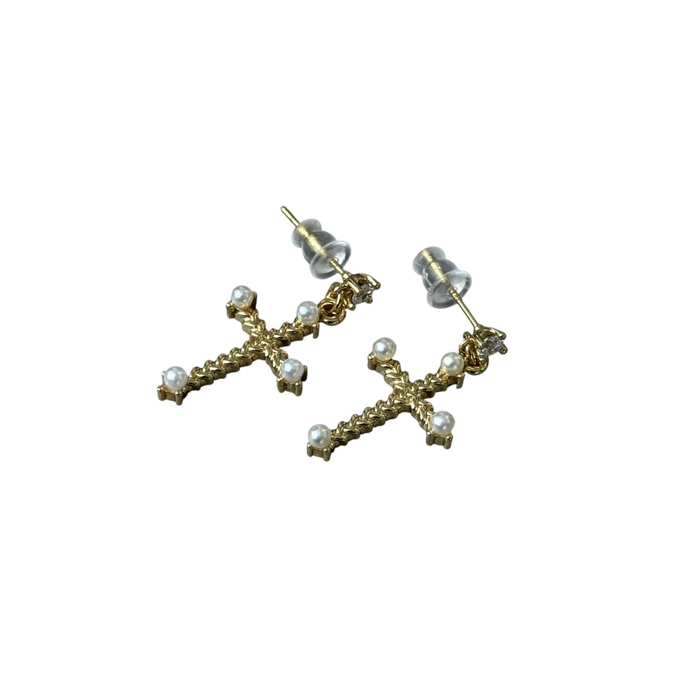 Cameron Gold and Pearl Cross Earrings