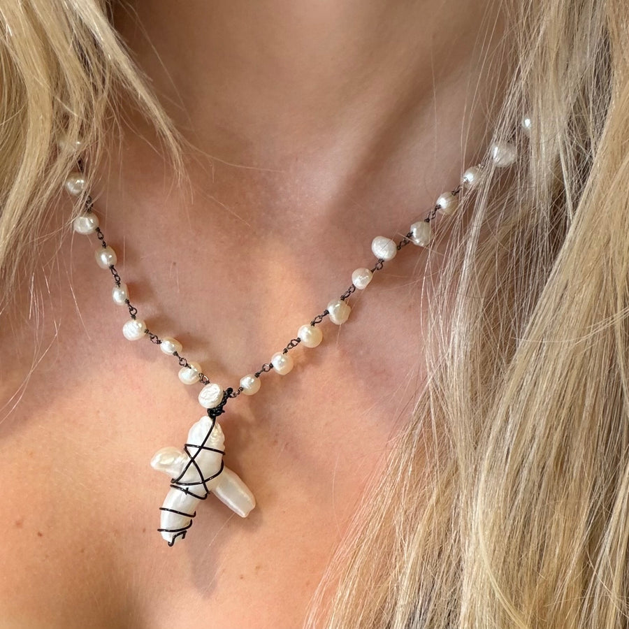 Quinn Pearl Cross Necklace