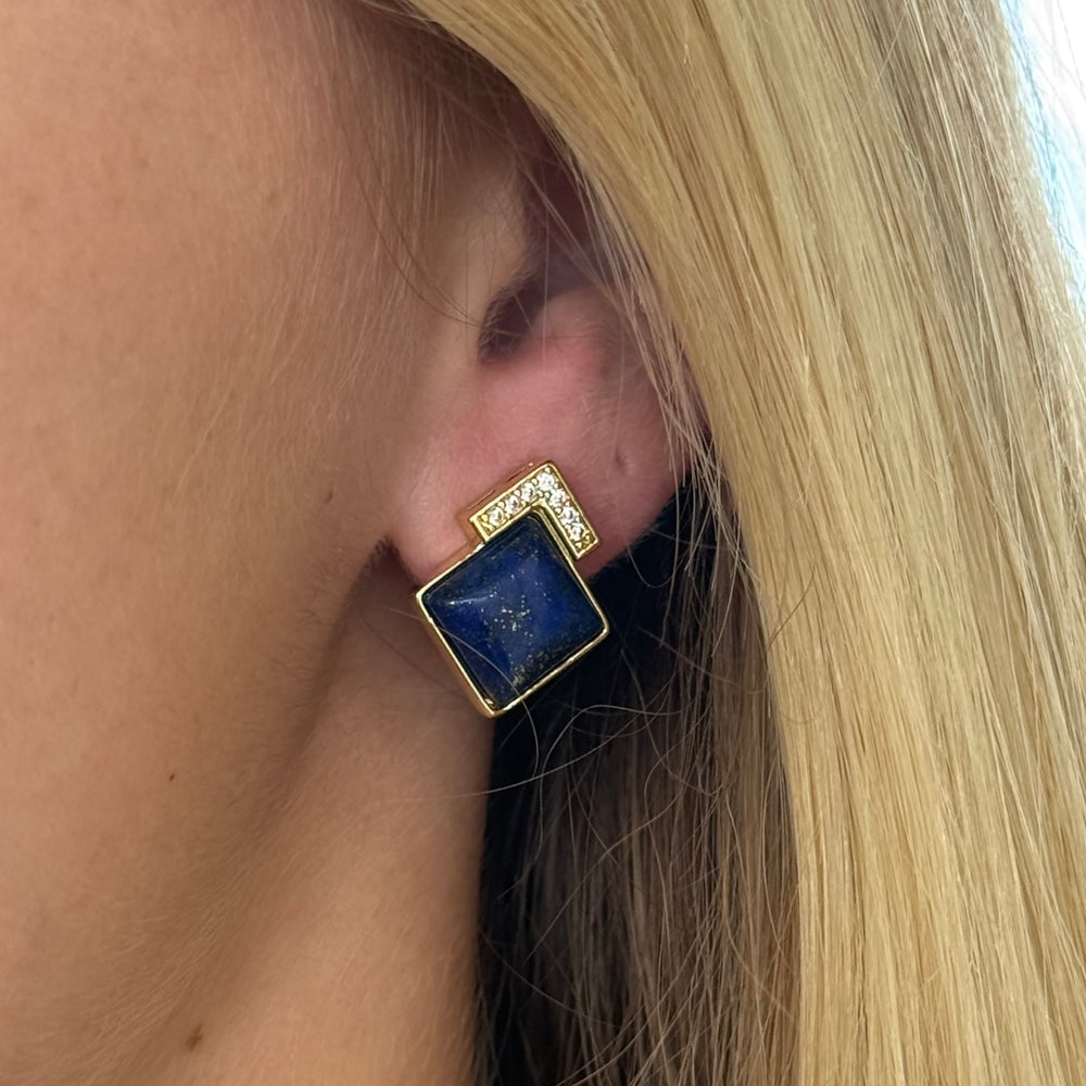Robert Square Lapis Cz Earrings