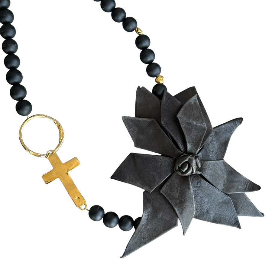 Rosalia Black Onyx and Leather Flower Necklace