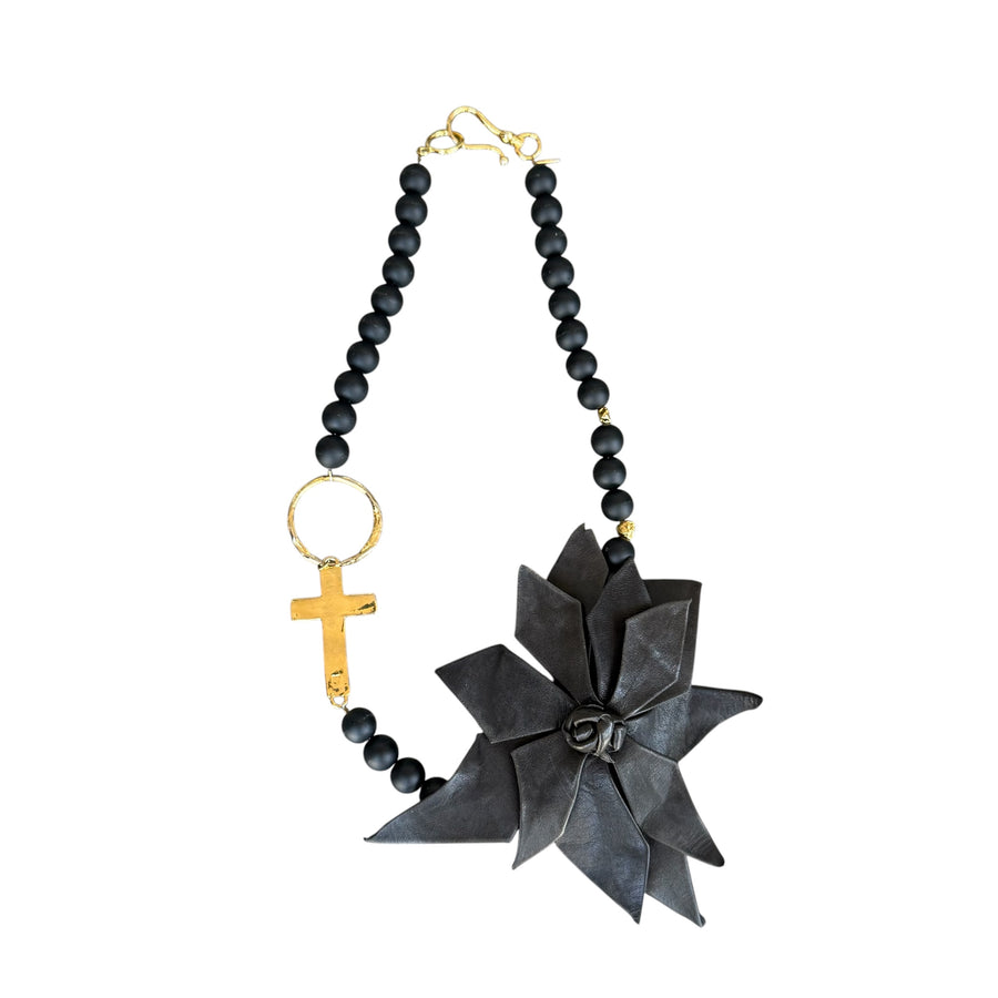 Rosalia Black Onyx and Leather Flower Necklace