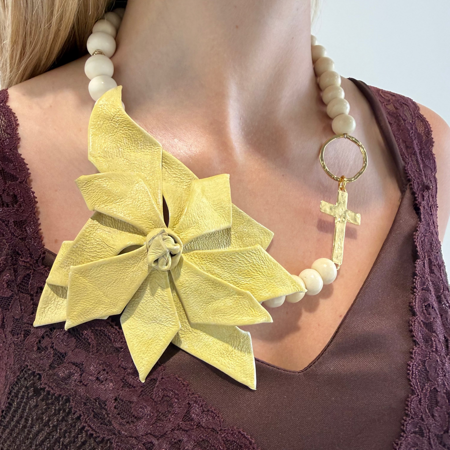 Rosalia Bone and Leather Flower Necklace