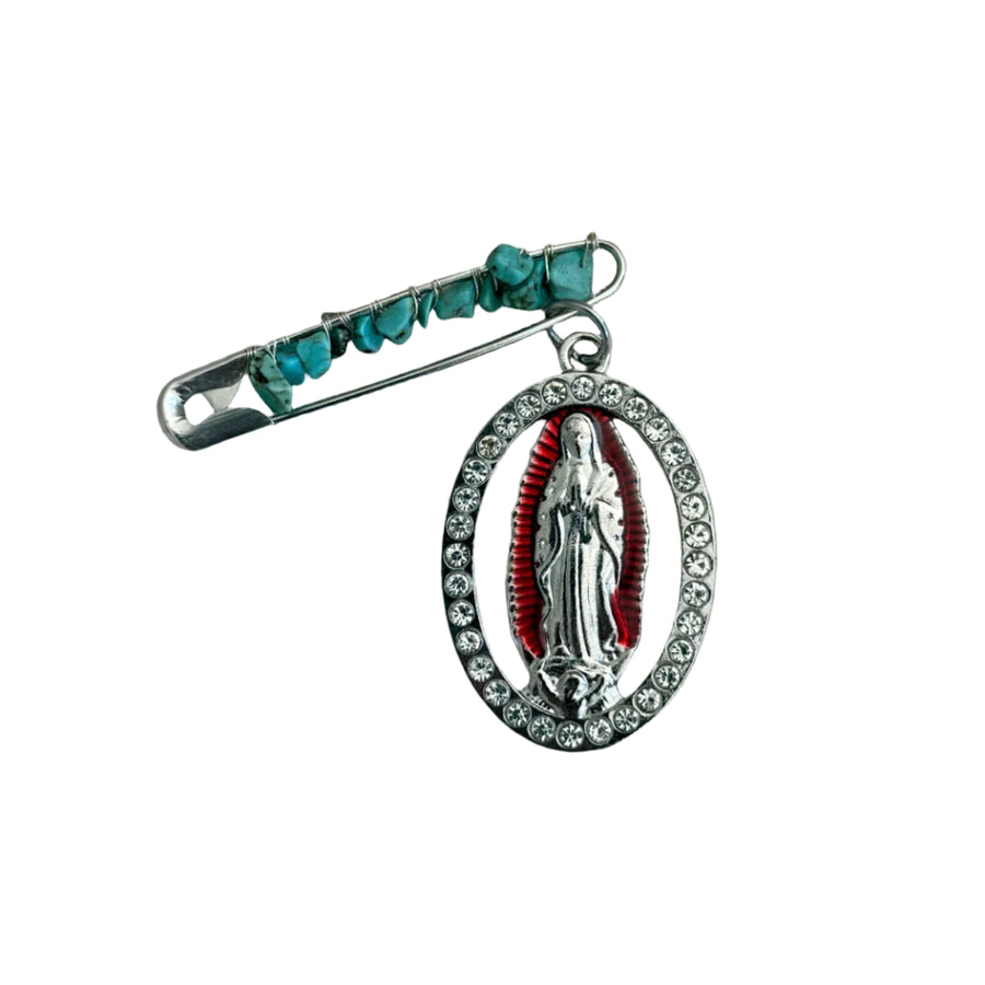 Prendedor de plata de la Virgen de Guadalupe con circonitas cúbicas rojas y turquesas