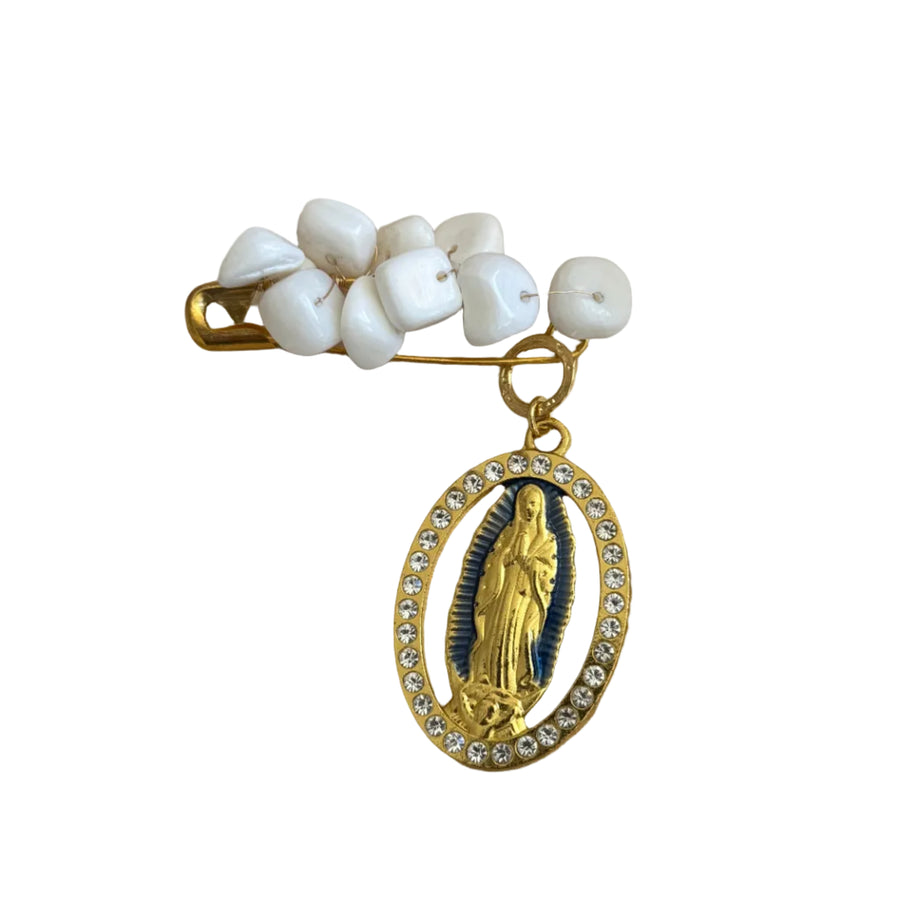 Pin de Guadalupe de ónix blanco, oro y azul
