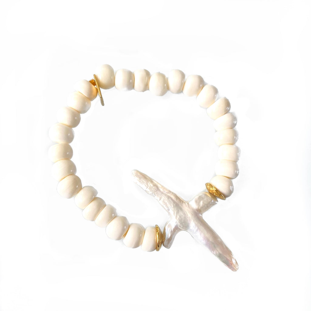 Bone Bracelet W/ Pearl Cross
